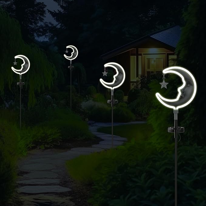 Solar Outdoor Garden Lights - Outdoor Decor Butterfly Neon Lamp Patio Path Decor(2 Pack) (Silver Moon)