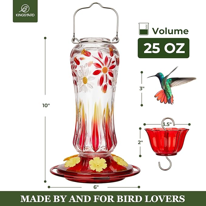 Kingsyard 2 Pack Glass Hummingbird Feeders for Outdoors Hanging, Hummingbird Nectar Feeder with Ant Moat & 6 Feeding Ports, 25 Oz Leak Proof, Red