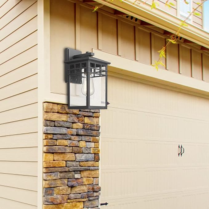 Outdoor Light Fixture Wall Mount, Modern Exterior Lights Fixture Wall Sconces with Seeded Glass for Front Porch, Farmhouse Waterproof Black Carriage Lantern Lamp Outside for Home, Garage, 2 Pack