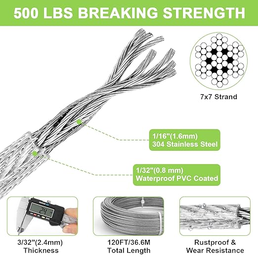 120Ft 1/16" Stainless Steel Wire Rope Kit, Vinyl Coated Cable, Turnbuckles for Tension Clothesline Outdoors, Hooks for String Light Hanging, Shade Sail Hardware