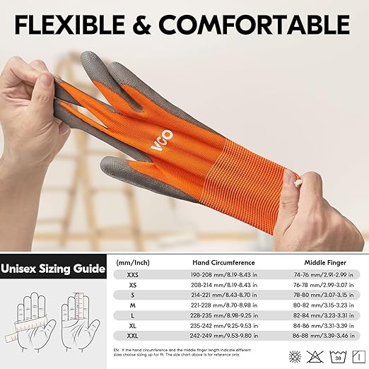 Vgo... 15-Pairs Safety Work Gloves, Gardening Gloves, Polyurethane Coated, Dipping Gloves, Latex Free (Size M,Orange, PU2103)
