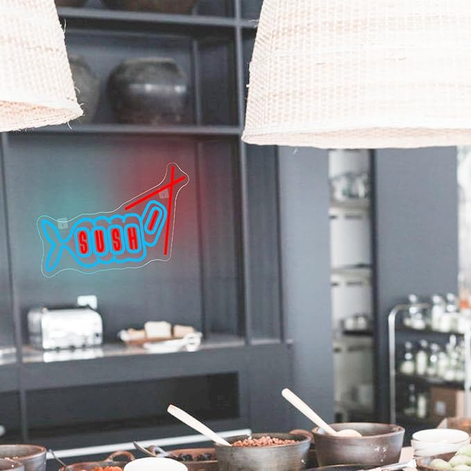 WLHOPE Sushi Fish Neon Sign Neon Signs for Wall Decor Dimmable Sushi Blue Pink Neon Lights LED Sign for Sushi Shop Restaurant Hoom Kitchen Party