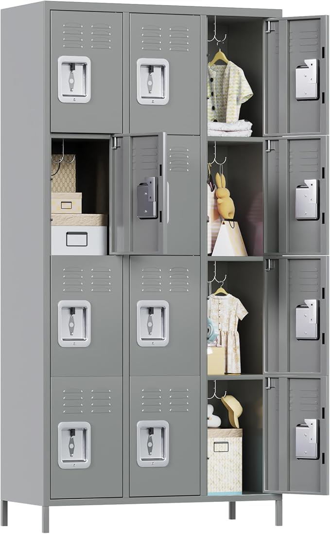 METAN Metal Storage Locker for School Office Gym Bedroom, 12 Doors Locker Cabinet for Employees, Industrial Steel Storage Locker with 12 Hooks, Assembly Required (12 Door-Light Gray)