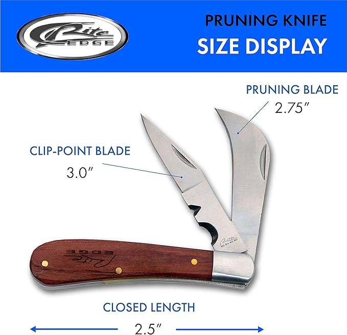 Rite Edge 4" Folding Pruning Knife – Dual Blade Pocket Knife for Men with Wood Handle, Clip Point & Curved Pruning Blade – Small Folding Pocket Knife for Gardening, Outdoor, and Everyday Carry (EDC)