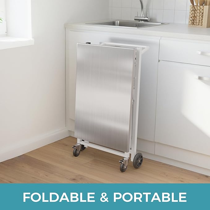 Ciokea Folding Outdoor Grill Cart with Wheels, 3-Shelf Grill Table with 27x18 in Stainless Steel Top, Rolling Pizza Oven Stand, Metal Portable Cart for BBQ Patio Camping (White)