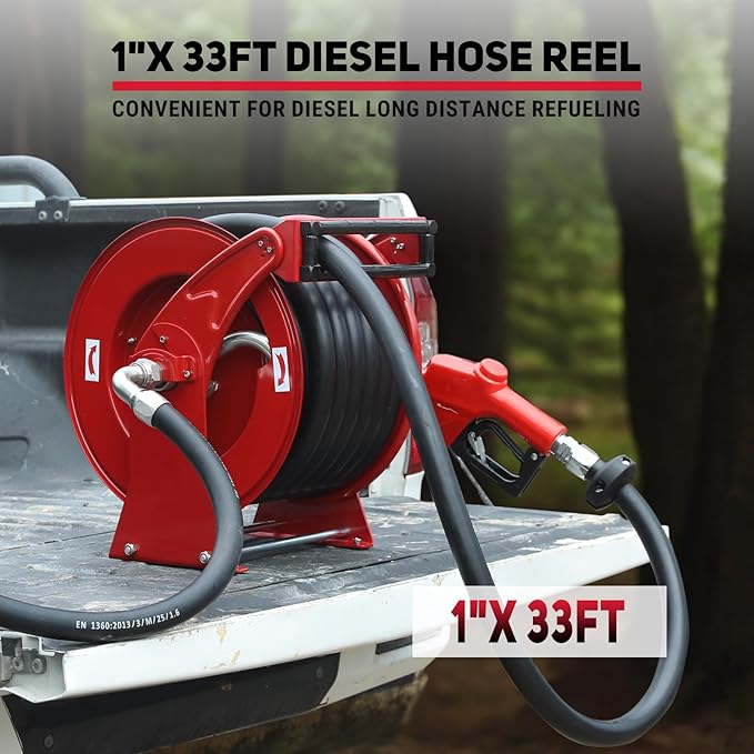 Retractable Diesel Fuel Hose Reel - 1 inch x 33ft Spring Driven Auto Swivel Rewind Hose Holder Reel with Fueling Nozzle, 300 PSI Industrial Steel for Aircraft Ship Vehicle Tank Truck, Red