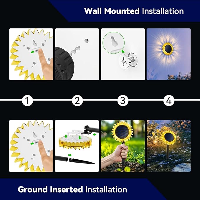 Hogni 4PK Solar Garden Lights, Ground Stake/Hang 2 in 1 Solar Sunflowers Outdoor Waterproof IP67, Outdoor Decor for Pathway Walkway Landscape Backyard Fence Decoration