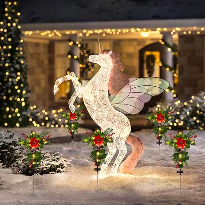 2 Pack Outdoor Solar Lights Christmas Decorations, Cross Stake Lights with Faux Poinsettia Pine Cones Red Berries and Foliage for Garden Patio Grave