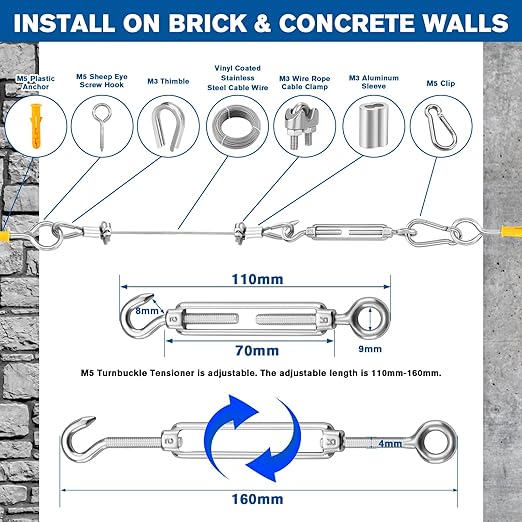 220FT 1/16" Wire Rope Kit - String Light Hanging Kit Vinyl Coated 304 Stainless Steel Cable with Turnbuckles for String Light Hanging, Gate Anti Sag, Stair Railing, Curtain, Picture Hanging, Garden