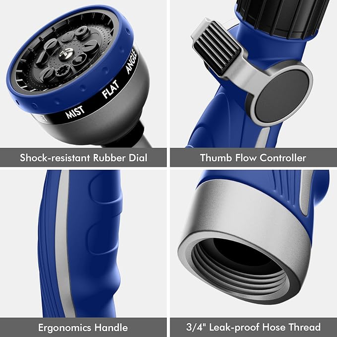 RESTMO Watering Wand Heavy Duty, Metal Garden Hose Wand with 10 Spray Patterns, 15-Inch Long Hose Nozzle Sprayer with Thumb Flow Control, Ideal to Water Hanging Baskets and Shrubs, Blue