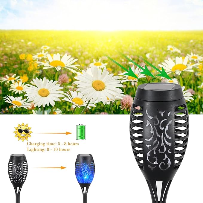 12-Pack Blue Solar Flickering Flame Torches – Waterproof Solar Garden Lights, Outdoor Solar Lights for Yards, and Flame Torches for Patio and Pathway Decorations