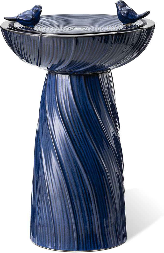 Glitzhome 24.75" H Outdoor Water Fountain with LED Light, Cobalt Blue Two Birds Twist Textured Floor-Standing Fountains, Ceramic Embossed Pattern Pedestal Water Fountain for Yard Patio Backyard