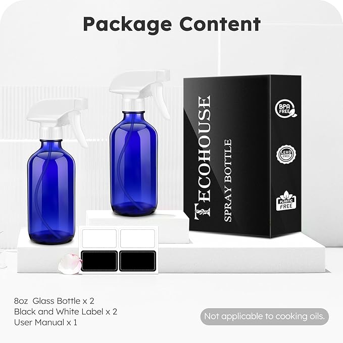 Tecohouse Glass Spray Bottle 8 oz, Blue Small Empty Refillable Sprayer Container with Labels, Funnel, Lids, Graduated Pipettes - Handheld Size