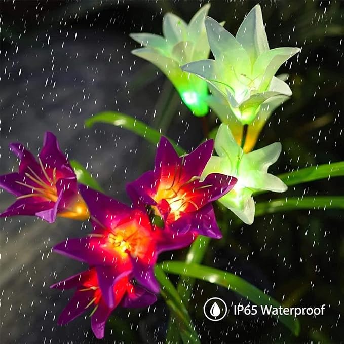 ZYLiWoo-Solar Flower Lights, 6 Pack Outdoor Lily Flower Lights, Multi Color Changing LED 24 Flowers Lily Flower Solar Garden Stakes Flower Lights, for Patio, Lawn, Garden, Yard Decoration