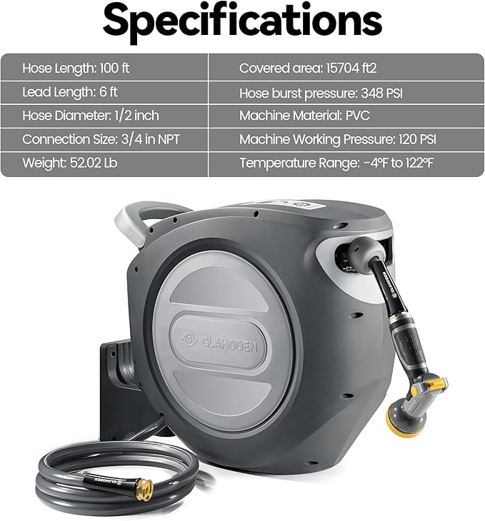 Retractable Garden Hose Reel 1/2 in x 100 ft Upgraded UV Resistant Heavy Duty Automatic Hose Reel Wall Mount 3/4 in Brass Fitting 9 Pattern Nozzle Any Length Lock Slow Retraction 180° Swivel