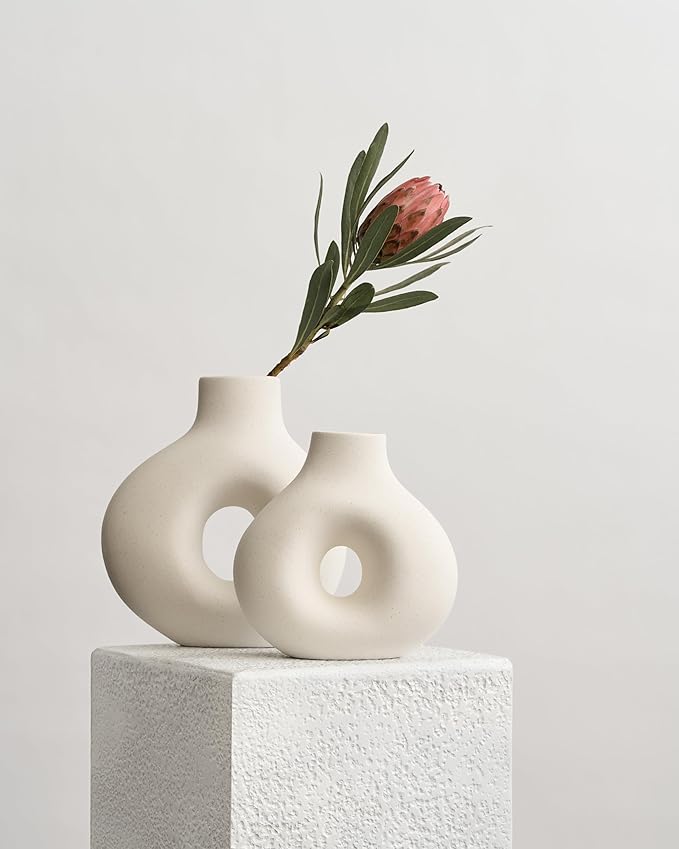 NOBULA White Ceramic Donut Vases โ Modern Home Decor for Living Room, Bedroom & Table Centerpiece - Minimalist Nordic โ Unique Vases for Olive Plant & Flowers โ Decorative Coffee Table Vase Set of 2