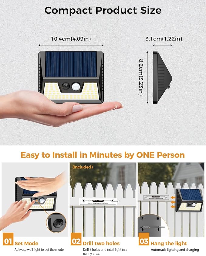 12 Pack Solar Fence Lights, Motion Sensor Deck & Wall Lights - Warm White LED, Wireless, Waterproof, Outdoor for Yard, Steps & Garden - Black