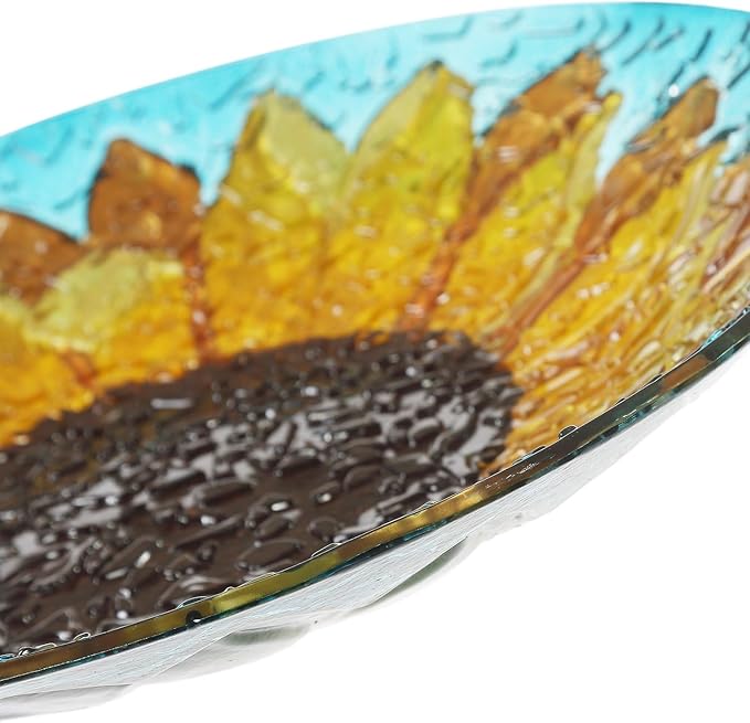 Glass Bird Bath Garden Hand Painted With Crushed Glass Bowl - Large Wild Bird Feeder for Garden, Yard, Patio, Lawn Decor - 18 x 2 x 18 Inches, 64oz