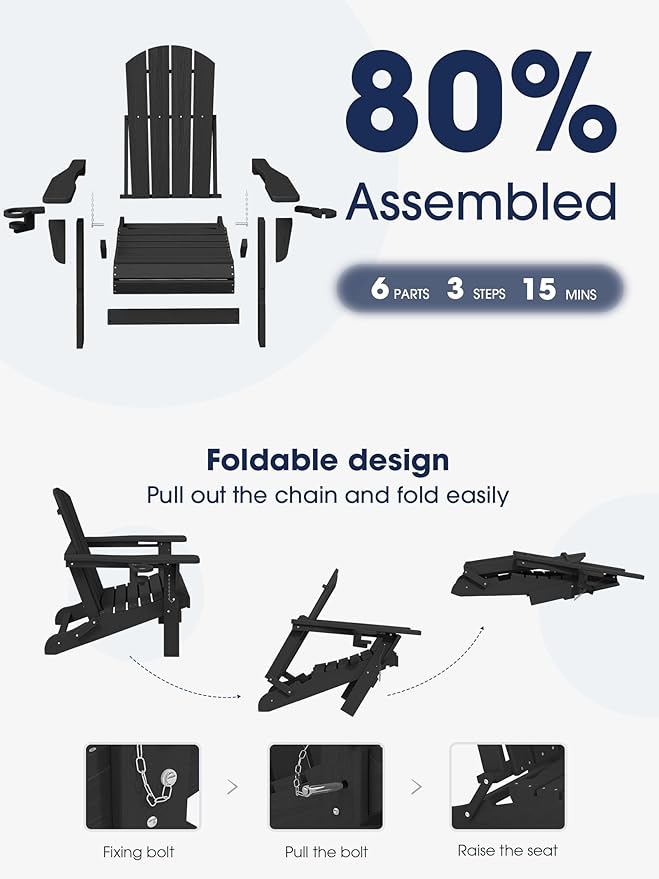 KINGYES Folding Adirondack Chair Set of 8, Dual Cup Holders & All-Weather HDPE, Wood-Like Patio Chair for Backyard, Camping, Pool & Fire Pit, Black