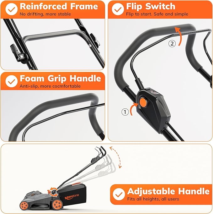 Keenstone Cordless Lawn Mower, 17" Electric Lawn Mower with Direct-Drive Brushless Motor, 2 x 20V 4.0Ah Battery, 6 Position Height Adjustable Push Mower for Yard & Thick Grass(35min Runtime)