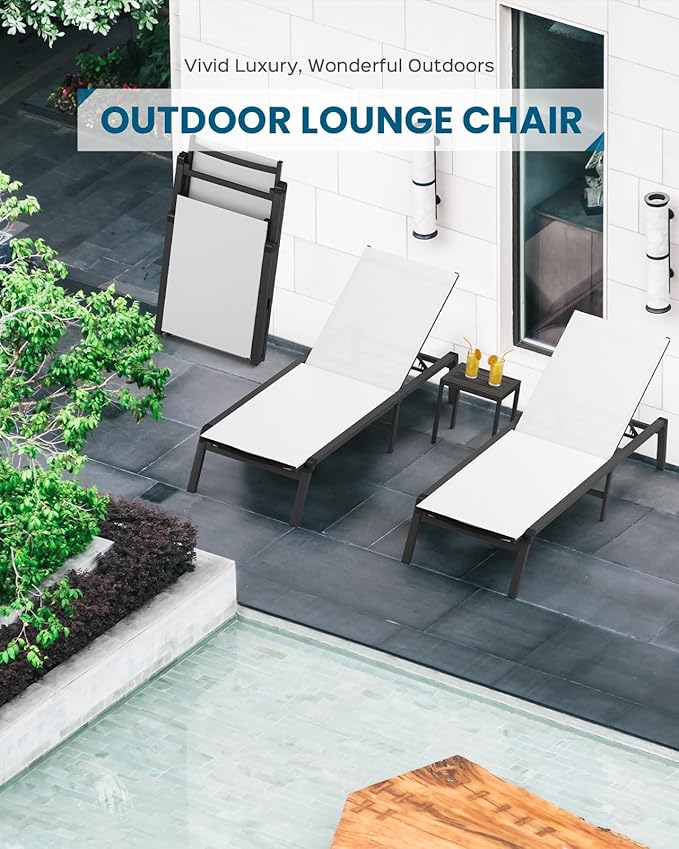 Chaise Lounge Outdoor, Foldable Aluminum Pool Lounge Chairs with 5 Positions Recliner - Free Assembly - Patio Chaise Lounge Chair for Poolside, Beach, Yard (White)