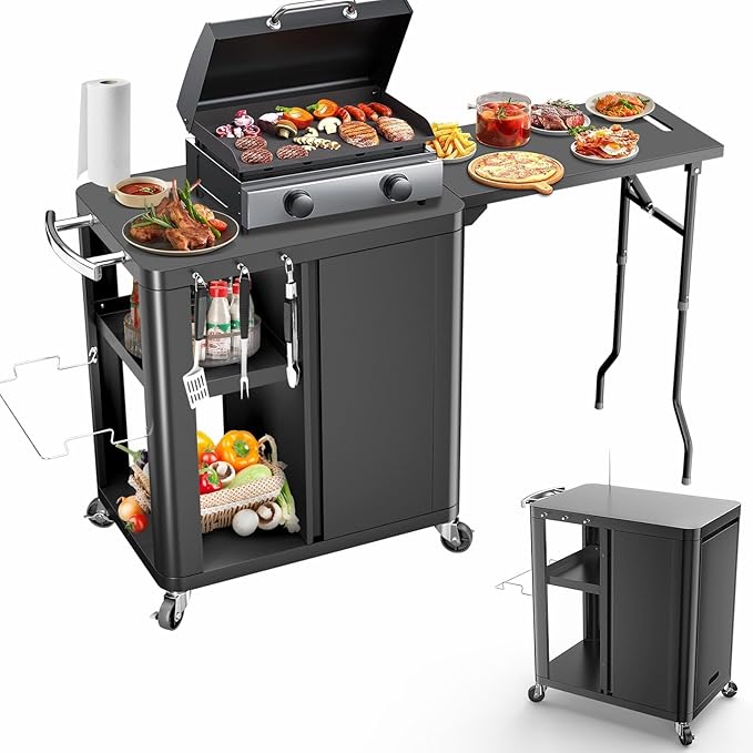 Outdoor Grill Table Cart 57"x24"x35", Outdoor Kitchen Island with Storage & Large Tabletop for Blackstone Griddle, Ooni Pizza Oven, Ninja Woodfire Grill, BBQ Station, Dining Cart, Rolling BBQ Table
