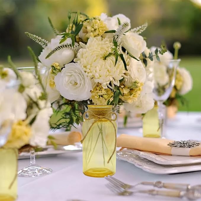 Vintage Glass Flower Vase,6 Pack Gold Amber Farmhouse Glass Centerpiece Vases Mason Jars for Weddings, Parties & Home Decor Bulk (6, Gold)