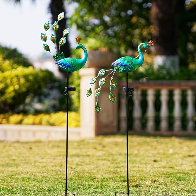 VEWOGARDEN 2 Pack Solar Stake Lights Outdoor Waterproof Metal Peacock Solar Lights for Yard Garden Patio Pathway Walkway, Blue