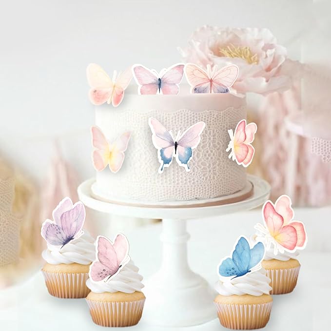 63 PCS Edible Butterfly Cupcake Toppers Edible Butterflies for Cake Decorating Butterfies Cupcake Picks Butterfly Cupcake Decorations for Butterflies Theme Baby Shower Birthday Party Supplies Colorful