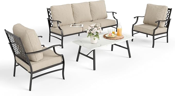 Patio Furniture Set 4 pcs, Metal Outdoor Patio Furniture, 3-Seat Sofa, 2 Single Chairs, Metal Coffee Table and 5.75" Extra Thick Cushion, Patio Conversation Set,Beige