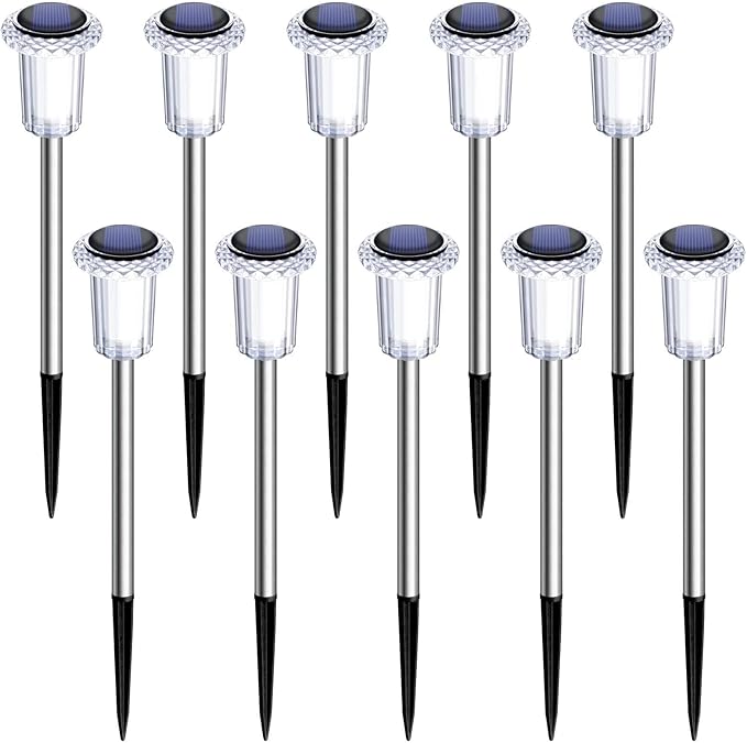 DenicMic Solar Lights Outdoor Pathway Lights 6000K LED Waterproof Acrylic Lamp Head Stainless Steel Stake for Yard Garden Landscape Path Walkway Driveway Patio Lawn (Cold White 10Pack)