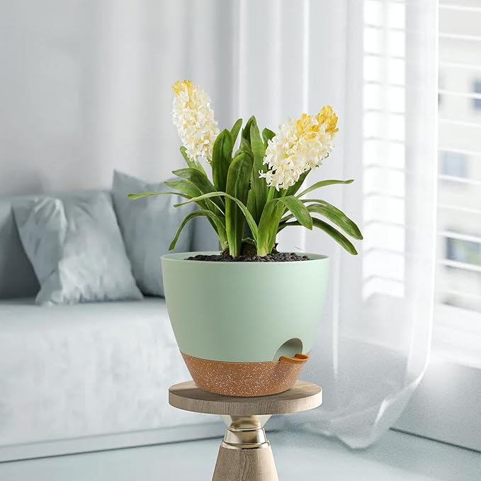 12 inch Large Self Watering Pots, Plant Pots with Mesh Drainage Holes for Indoor Outdoor Plants, Plastic Planters with Deep Reservoir for Garden House Flower Plants, Green with Brown