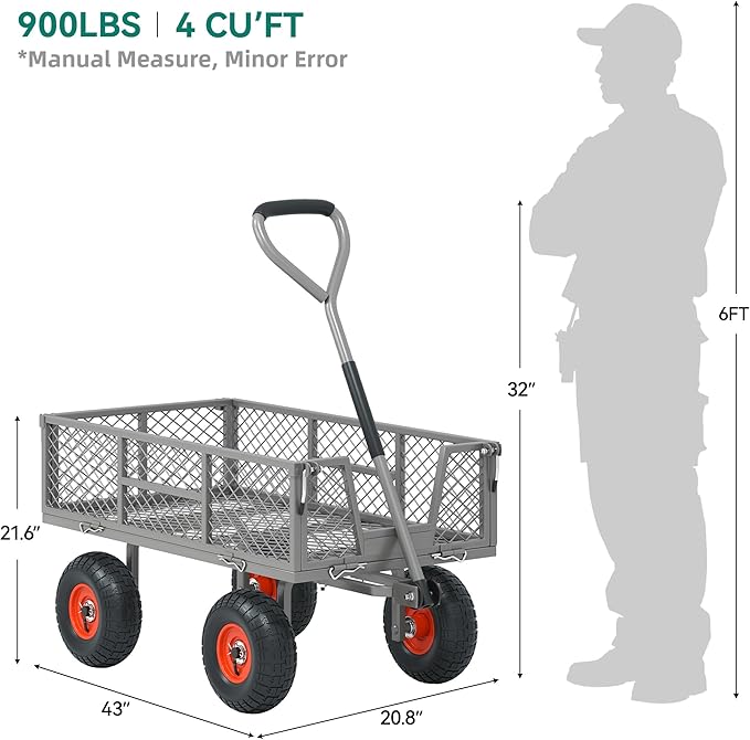 Heavy Duty 900 lbs Capacity Mesh Steel Garden Cart - 10" Pneumatic Tires, 180° Rotating Handle, Removable Sides, 4 CU'FT Utility Wagon for Yard & Garden