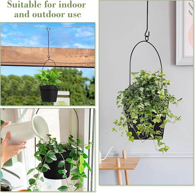 Hushee 6 Packs Metal Hanging Planters for Outdoor Indoor Plants Plant Hanger with 6.3'' Plastic Pots Hanging Planter Basket for Garden Home Porch Decor