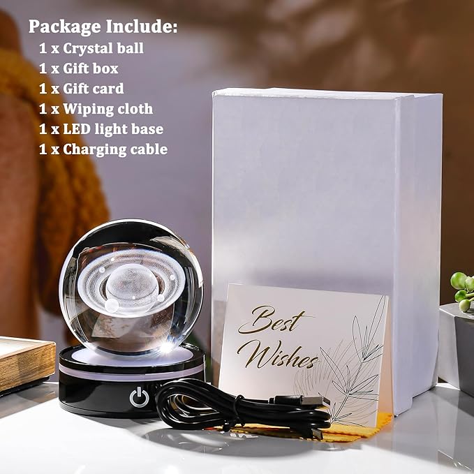 YWHL 3D Crystal Ball with LED Light Base, 3D Laser Engraved Glass Sphere Galaxy Crystal Ball for Home Decorations, Planet Saturn Lamp Gifts for Mother's Day Birthday Christmas (80mm)