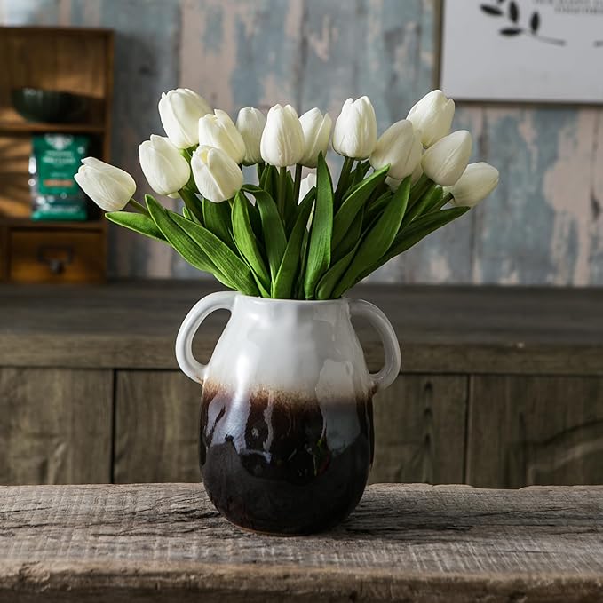 White Gradient Ceramic Vase with 2 Handles, Modern Farmhouse Decor, Rustic Terracotta Pottery, Decorative Flower Vases, Clay Small Vase, Centerpiece for Dining Table - 7 Inch Tall