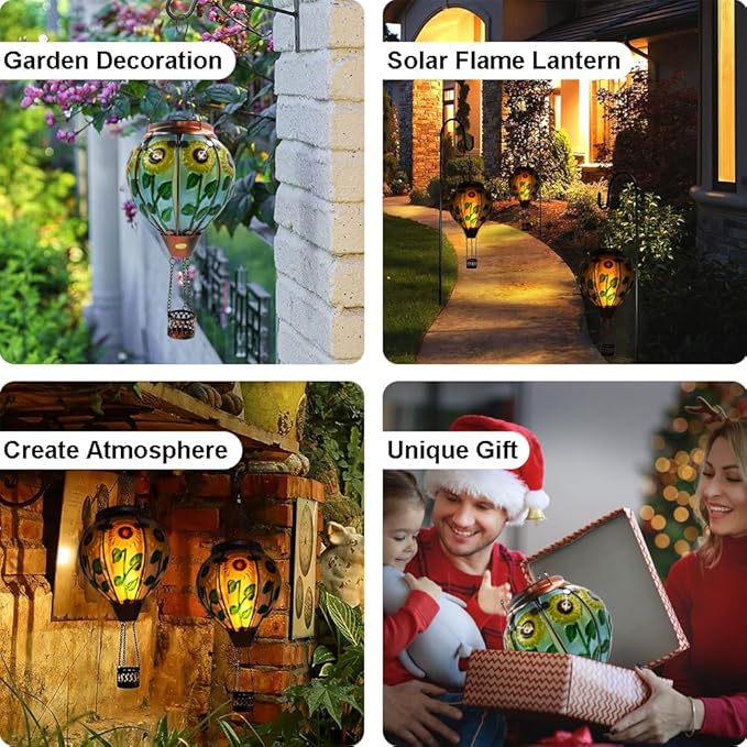 Hot Air Balloon Solar Lantern with Flickering Flame, Glass Hanging Garden Lights Outdoor Waterproof for Tree Yard Patio Mother's Day Gift, 18" H Sunflower
