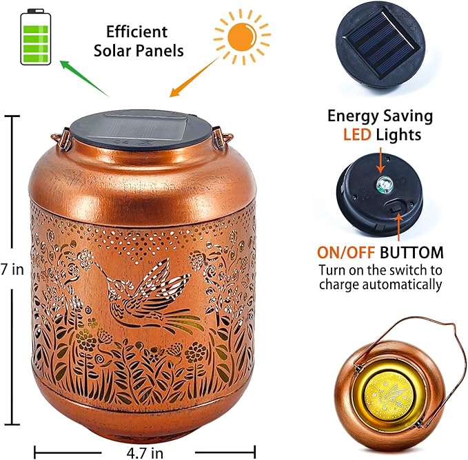 2 Pack Hummingbird Outdoor Solar Hanging Lanterns Waterproof LED Solar Lights Metal Decorative Lanterns for Garden, Patio, Courtyard, Backyard, Yard Decor Unique Hummingbird Gifts for Women Gardening