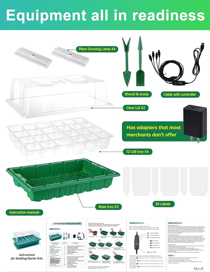 Large Seed Starter Trays with Heat Mat, Seed Starter Kit with 48 Full Spectrum LEDs, 24 Large Cells Seed Germination Kit with Adjustable Humidity Vents for Indoor Plants Seeds Starting