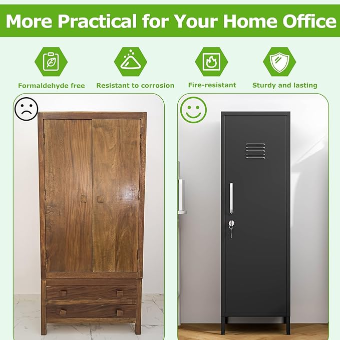 47" Metal Storage Locker, Lockable Employees Metal Locker with Door and Adjustable Shelves, Steel Locker for Home, School, Office, Gym (Black)