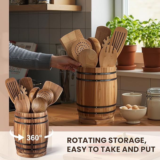 Honeydak Wooden Utensil Holder for Kitchen Counter, 360° Rotating Wine Barrel Design Large Cooking Spoon Crock Organizer, Rustic Vintage Burnt Wood Tool Holder for Farmhouse Kitchen, Gifts Decor