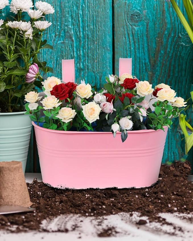 vensovo Metal Railing Planter for Outdoor Plants - 3 Pack Balcony Hanging Flower Pots with Detachable Hooks and Drain Holes Oval Bucket Rail Box Fence Planters for Home Garden Decor, Purple Pink Blue