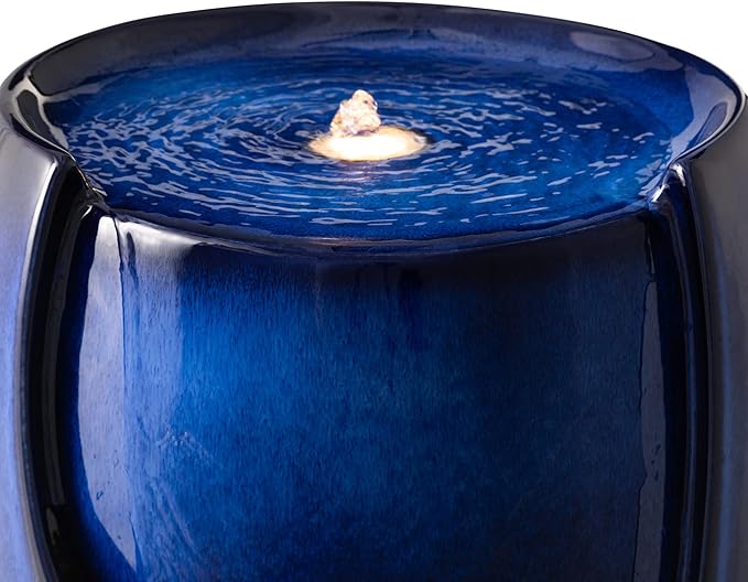 Glitzhome 29.25" H Oversized Ceramic Vase Outdoor Water Fountain Tall Patio Garden Water Fountain with LED Light and Submersible Pump Yard Art Decor, Cobalt Blue