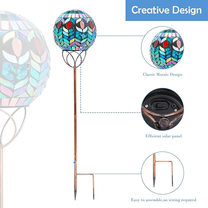 Afirst Solar Outdoor Garden Lights Decorative - Mosaic Solar Stakes Gazing Ball Waterproof Outdoor Lights Stakes for Pathway Yard Lawn Decoration(Green)