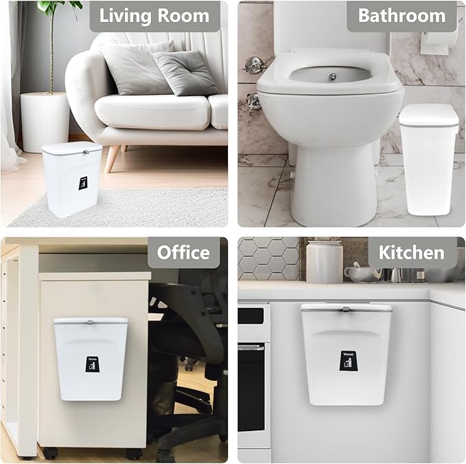 9L/2.4 Gallon Hanging Trash Can for Kitchen Cabinet Door with Lid, Small Under Sink Garbage Can,Trash Bin for Bathroom,Wall Mounted Counter Waste Kitchen Compost Bin,Plastic (White)