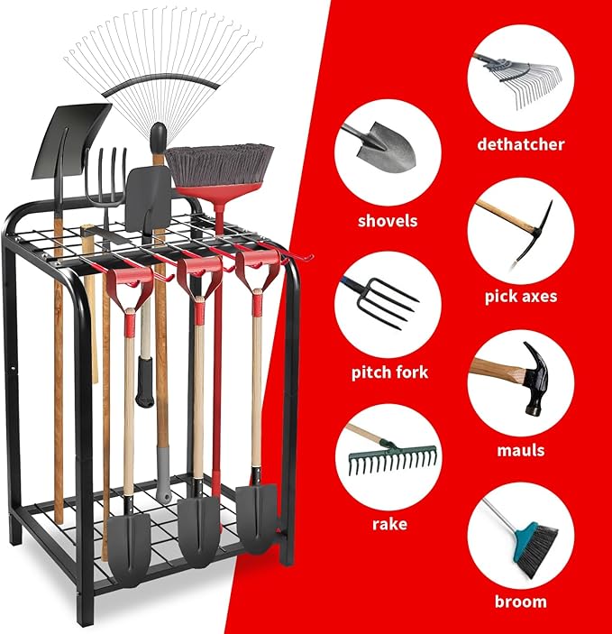 Trieez Garden Tool Organizer for Garage, Yard Tool Organizer with Hooks for Garage Organization and Storage - Sturdy Yard Tool Holder, Tool Rack for Shed, Outdoor, Tool Stand