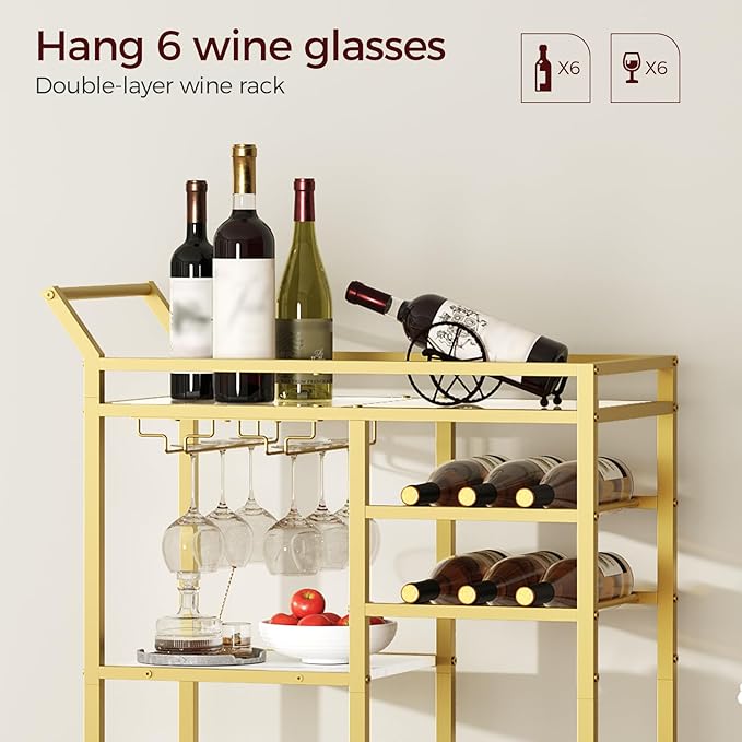 Bar Cart for Home, 3-Tier Serving Cart with Glass Top, Beverage Cart with Wine Rack and Glass Holder, Drink Cart with Wheels, for Dining Room, Living Room, Gold and White RCJM71B01