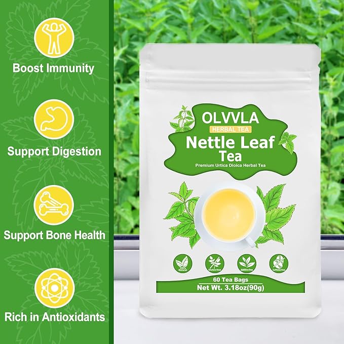 Olvvla - Premium Nettle Leaf Tea - 1.5g X 60 Count - 100% Pure Natural Stinging Nettle Tea Bag - Caffeine-free - Non-GMO - Rich in Antioxidants & Support Bone Health