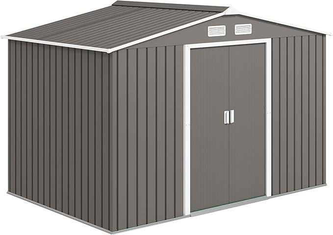 Outsunny 9' x 6' Outdoor Storage Shed, Garden Tool Metal Shed with Foundation Kit, Double Lockable Door, Air Vents and Sloping Roof, for Backyard, Patio, Lawn, Gray