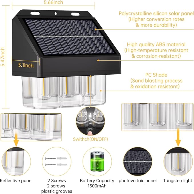 AOSEA Solar Fence Lights Waterproof, Deck Lights Solar Powered with Tungsten Bulbs, Solar Outdoor Lights for Garden Decor, Yard, Patio, Fence, 4 Pack (Warm White), Black, WL-L-003B-4PACK-24